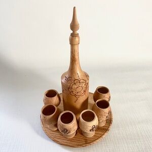 Vintage 70’s DECANTER Wooden Pyrography Folk Art w/ 6 Cups and Serving Tray